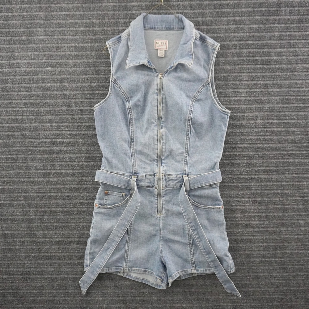 Guess Romper Womens Medium Blue Denim Zip Front Belted Sleeveless